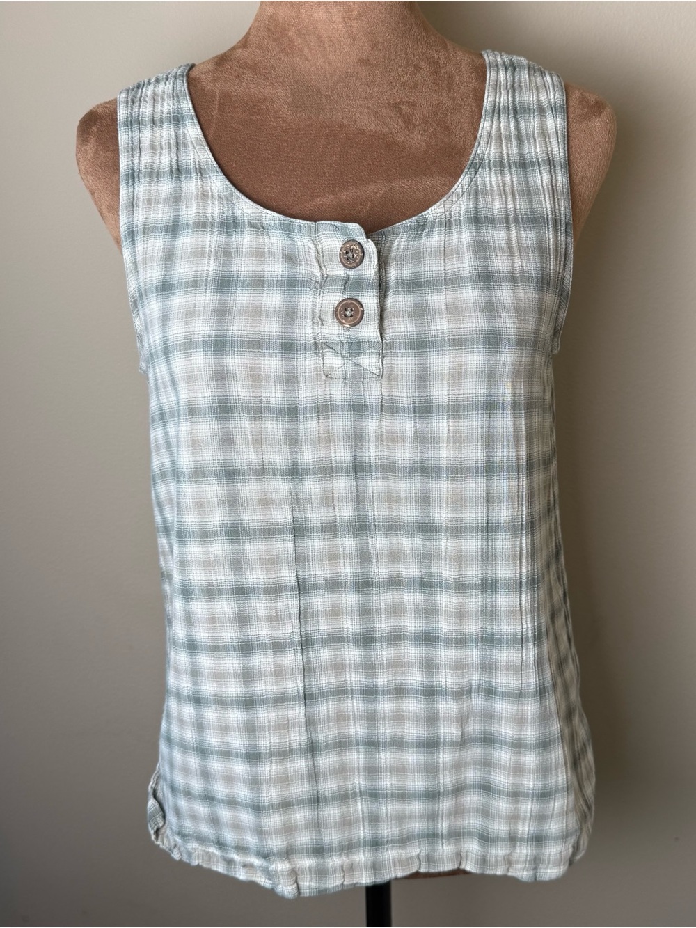 Vintage 90s Patagonia Tank Top Women Medium Organic Cotton Tan Green Plaid Shirt